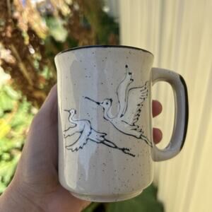 Vintage Korea Stoneware Crane Coffee Cup Mug Hand Painted Collectible